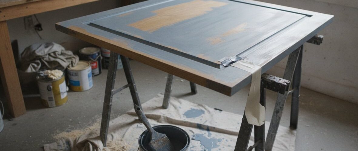 A painting in progress on a raised frame supported by sawhorses in a painter's workshop, with blue-gray paint and tape along the edges.