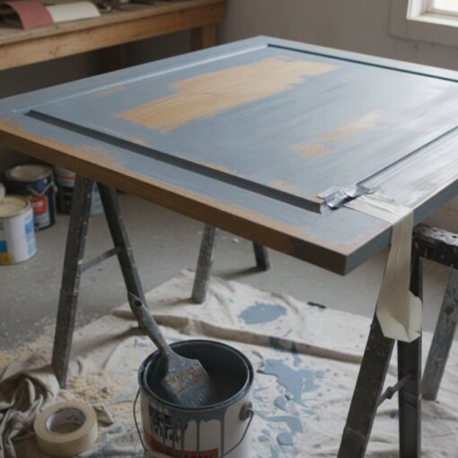 A painting in progress on a raised frame supported by sawhorses in a painter's workshop, with blue-gray paint and tape along the edges.
