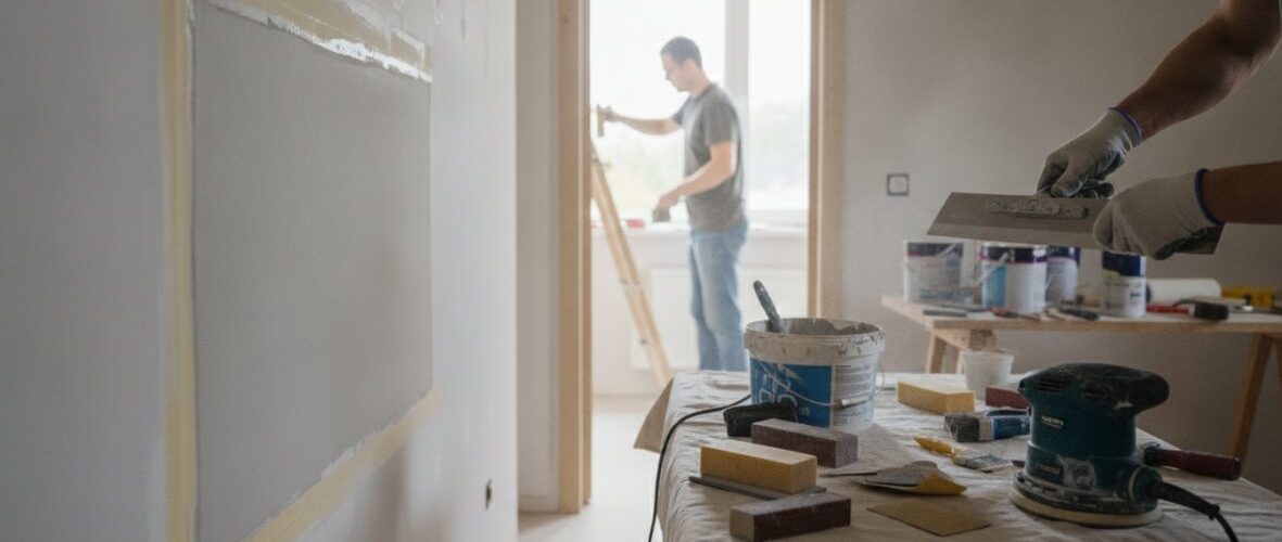 Two workers renovating a room: one on a ladder sanding a wall near a doorway, with tools and paint supplies on a table in the foreground.