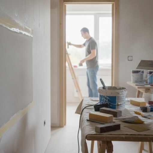 Two workers renovating a room: one on a ladder sanding a wall near a doorway, with tools and paint supplies on a table in the foreground.