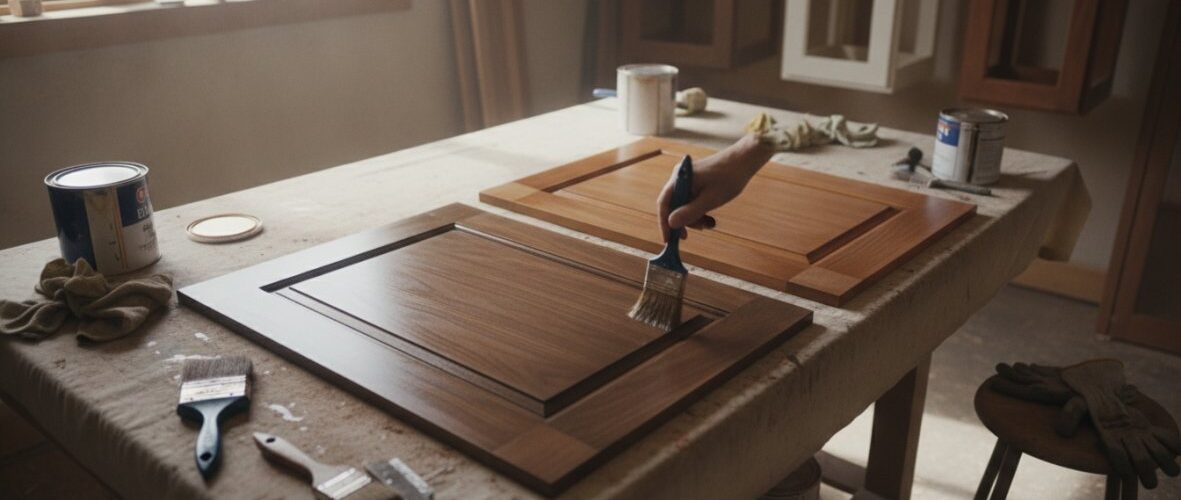 A person brushes a wooden cabinet door on a workshop table, with paint cans, brushes, and gloves nearby as woodworking tools glow in soft light.