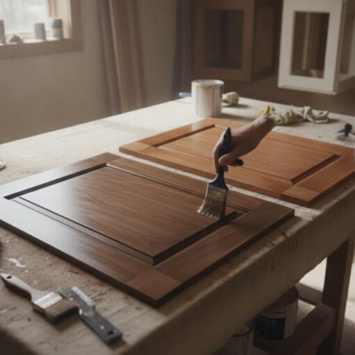 A person brushes a wooden cabinet door on a workshop table, with paint cans, brushes, and gloves nearby as woodworking tools glow in soft light.