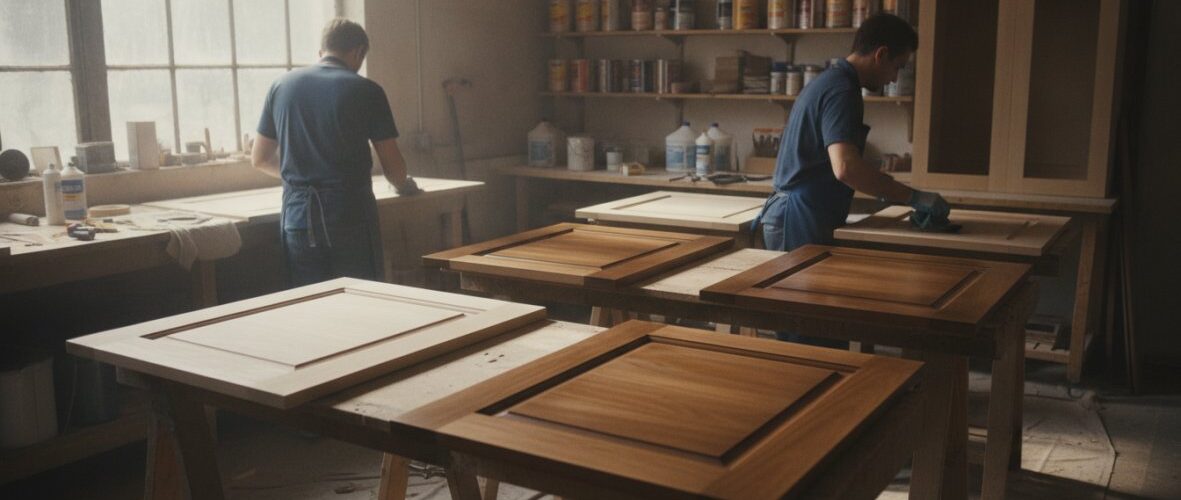Two workers in a woodshop sanding and assembling cabinet doors at long workbenches, shelves with cans in the background.