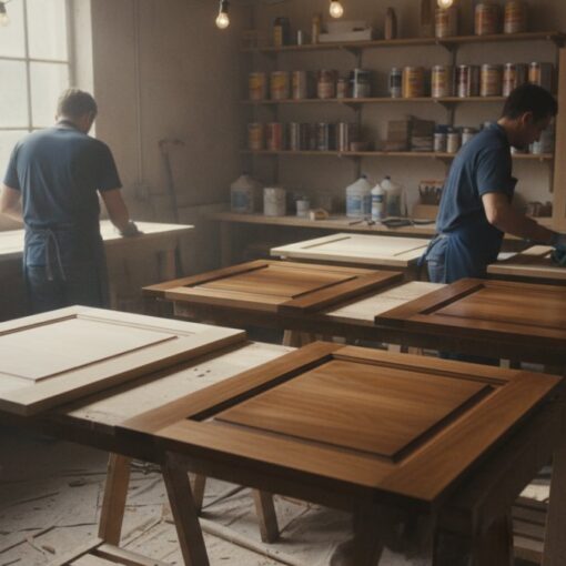 Two workers in a woodshop sanding and assembling cabinet doors at long workbenches, shelves with cans in the background.