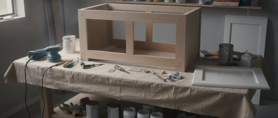 Unfinished wooden cabinet frame on a workbench surrounded by tools and paint cans in a workshop setting.