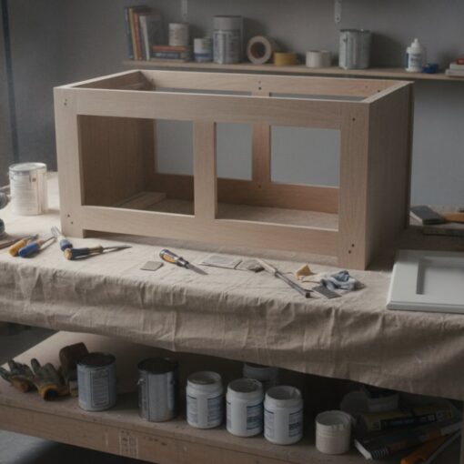 Unfinished wooden cabinet frame on a workbench surrounded by tools and paint cans in a workshop setting.