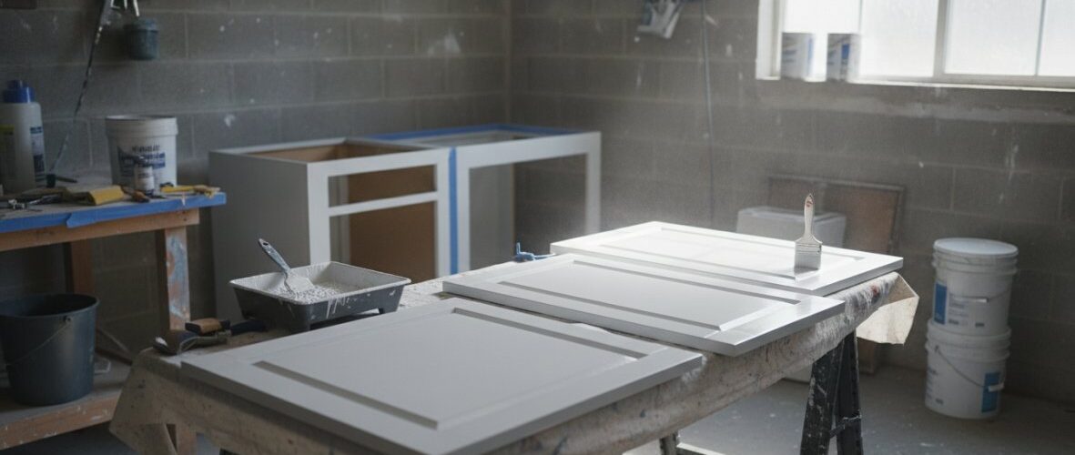 White cabinet doors drying on sawhorses in a dusty workshop, with paint tray and supplies nearby; sunlit window in the background.