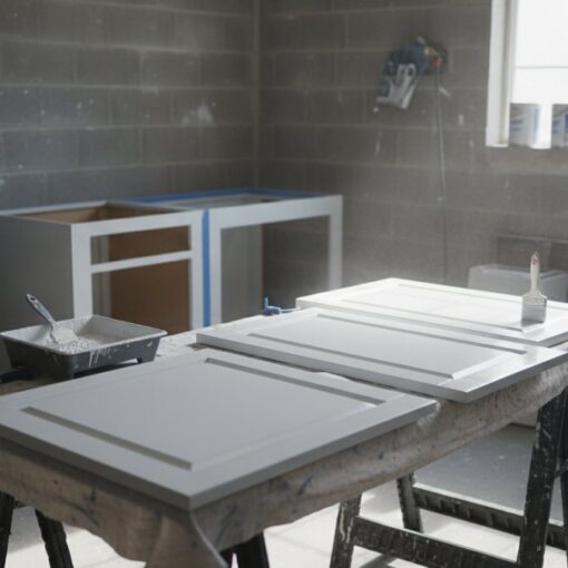 White cabinet doors drying on sawhorses in a dusty workshop, with paint tray and supplies nearby; sunlit window in the background.