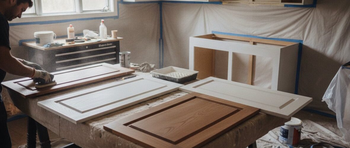 A craftsman sanding white cabinet doors laid out on a worktable in a woodworking shop with cans and tools nearby.