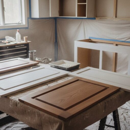 A craftsman sanding white cabinet doors laid out on a worktable in a woodworking shop with cans and tools nearby.