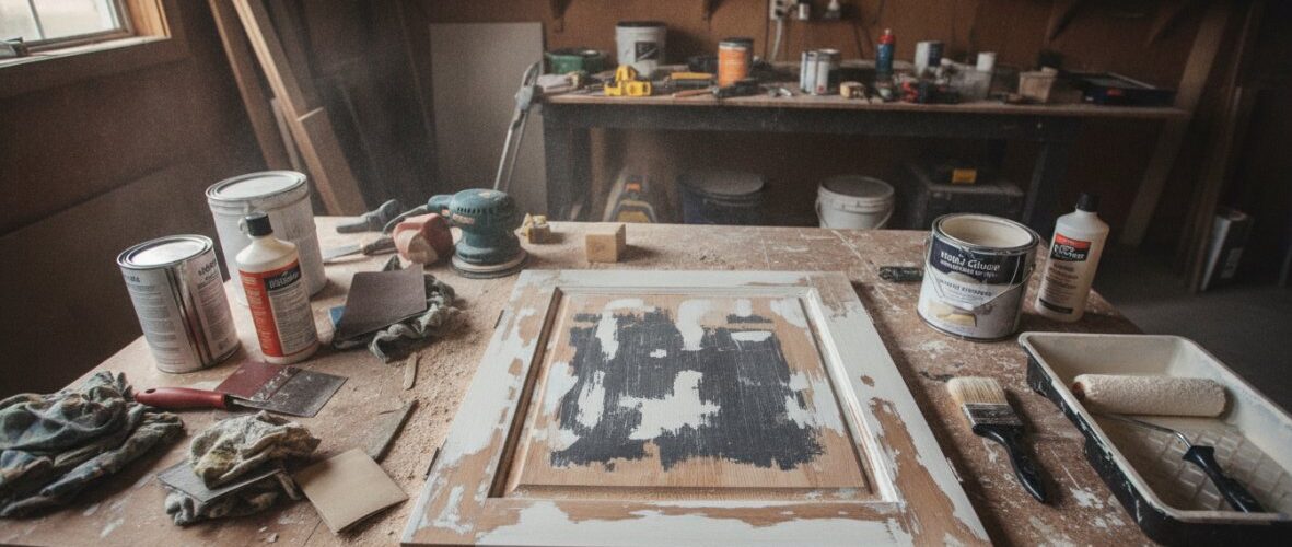 Woodworking workbench with a partially stripped cabinet door and assorted paints, brushes, and tools in a workshop storm-lit room