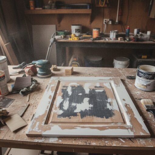 Woodworking workbench with a partially stripped cabinet door and assorted paints, brushes, and tools in a workshop storm-lit room