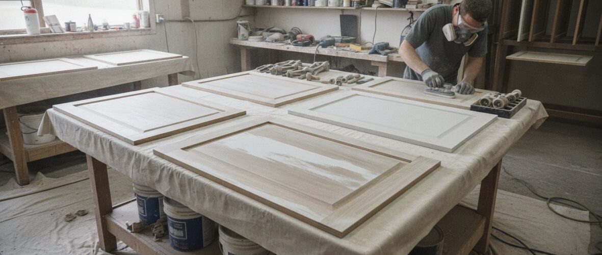 Woodworker wearing a respirator mask sanding white cabinet doors laid out on a table in a workshop.