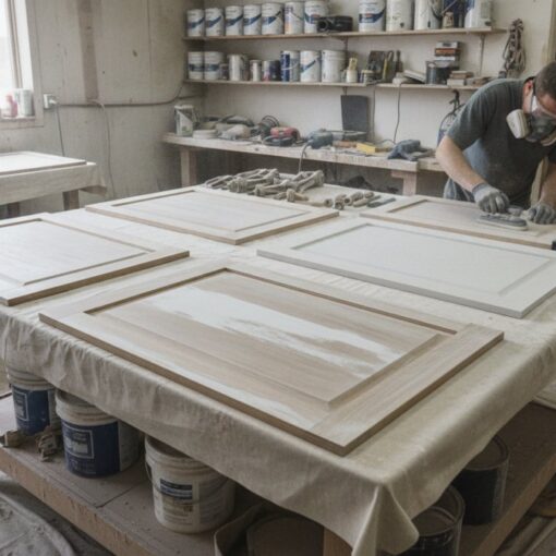 Woodworker wearing a respirator mask sanding white cabinet doors laid out on a table in a workshop.