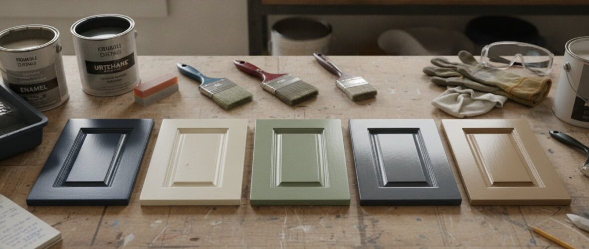Row of five cabinet doors in different paint colors laid out on a workbench with brushes and cans in the background