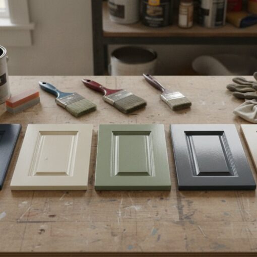 Row of five cabinet doors in different paint colors laid out on a workbench with brushes and cans in the background
