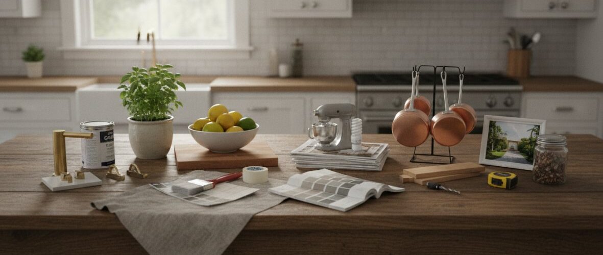 Bright kitchen island with a potted herb, bowl of lemons, copper pots, and renovation swatches on the counter.