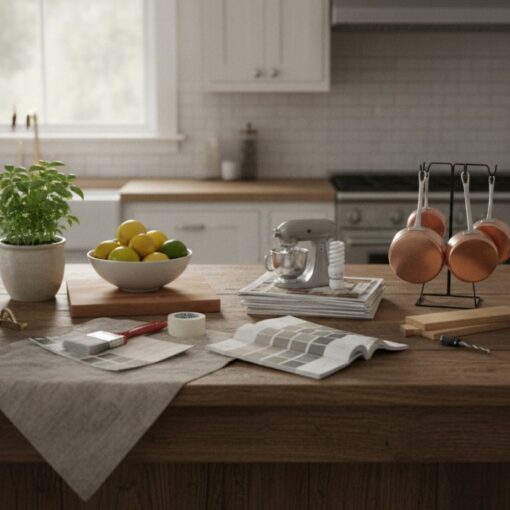 Bright kitchen island with a potted herb, bowl of lemons, copper pots, and renovation swatches on the counter.