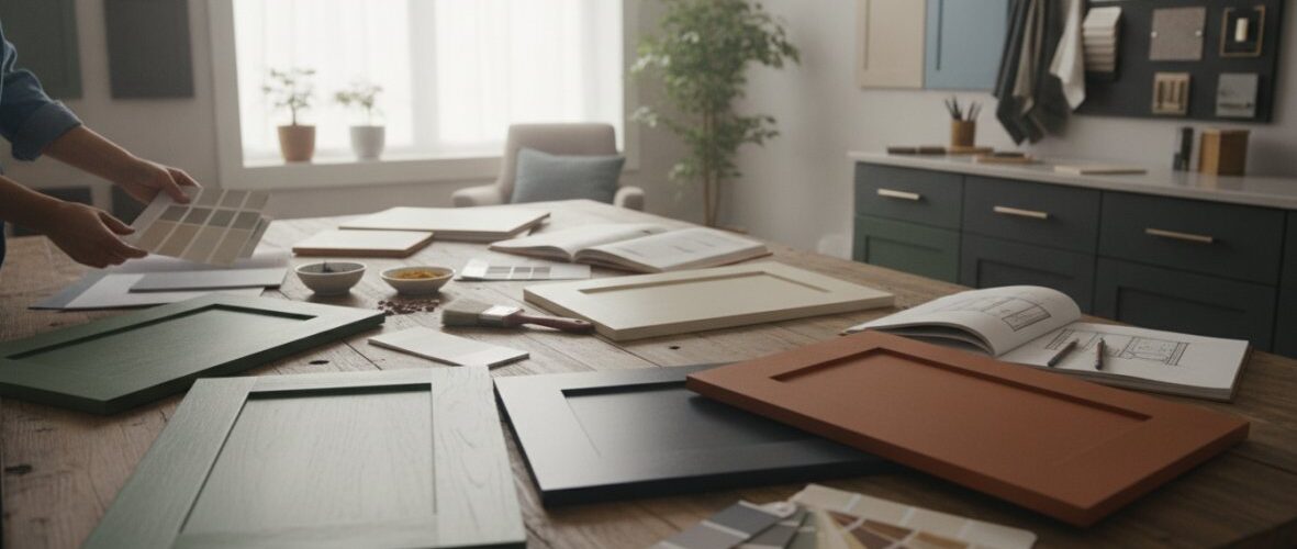 Designer selecting paint swatches on a cluttered wooden table in a bright studio with cabinets in the background, open catalogs and color samples visible.