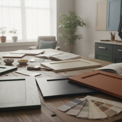 Designer selecting paint swatches on a cluttered wooden table in a bright studio with cabinets in the background, open catalogs and color samples visible.