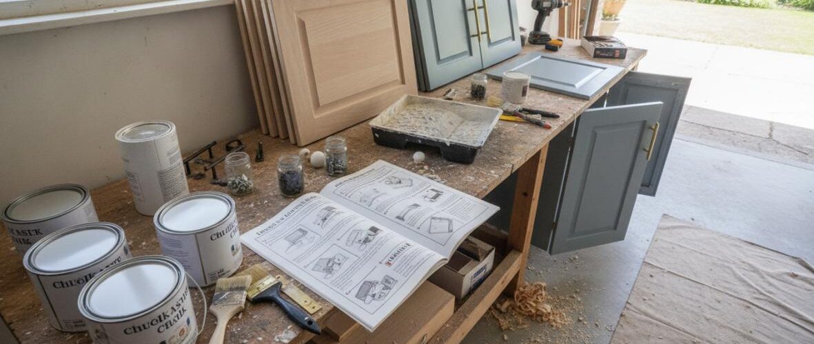 A woodworking workbench with paint cans, brushes, and cabinet doors leaning against the wall, ready for a kitchen renovation project.
