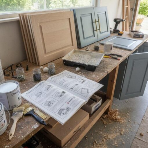 A woodworking workbench with paint cans, brushes, and cabinet doors leaning against the wall, ready for a kitchen renovation project.