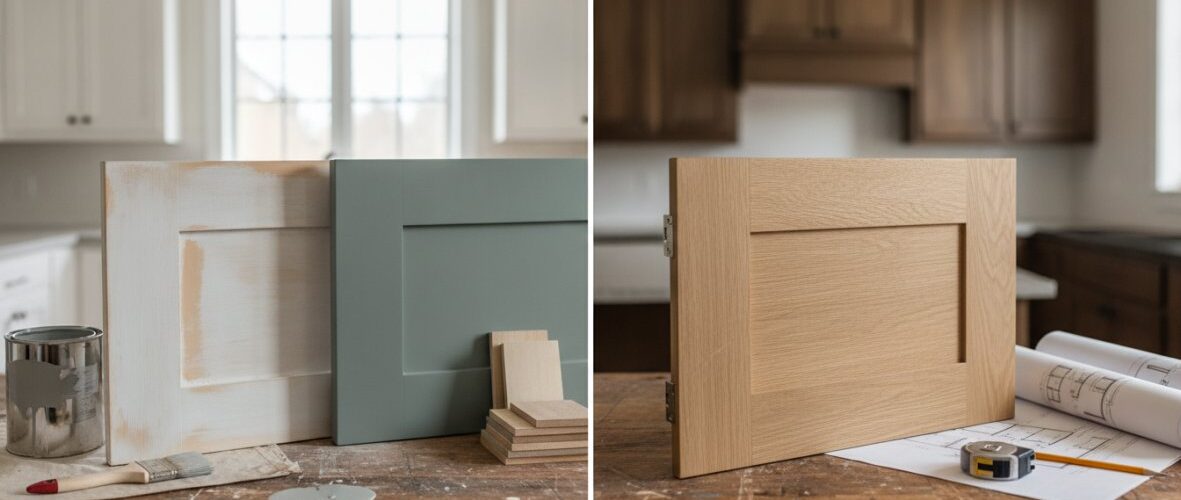 Left: paint cans, brushes, and small wooden panels on a workbench; right: a finished oak cabinet door with blueprints and tools on the bench.