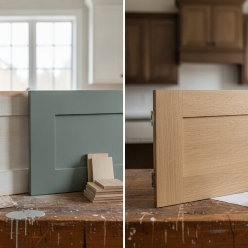 Left: paint cans, brushes, and small wooden panels on a workbench; right: a finished oak cabinet door with blueprints and tools on the bench.