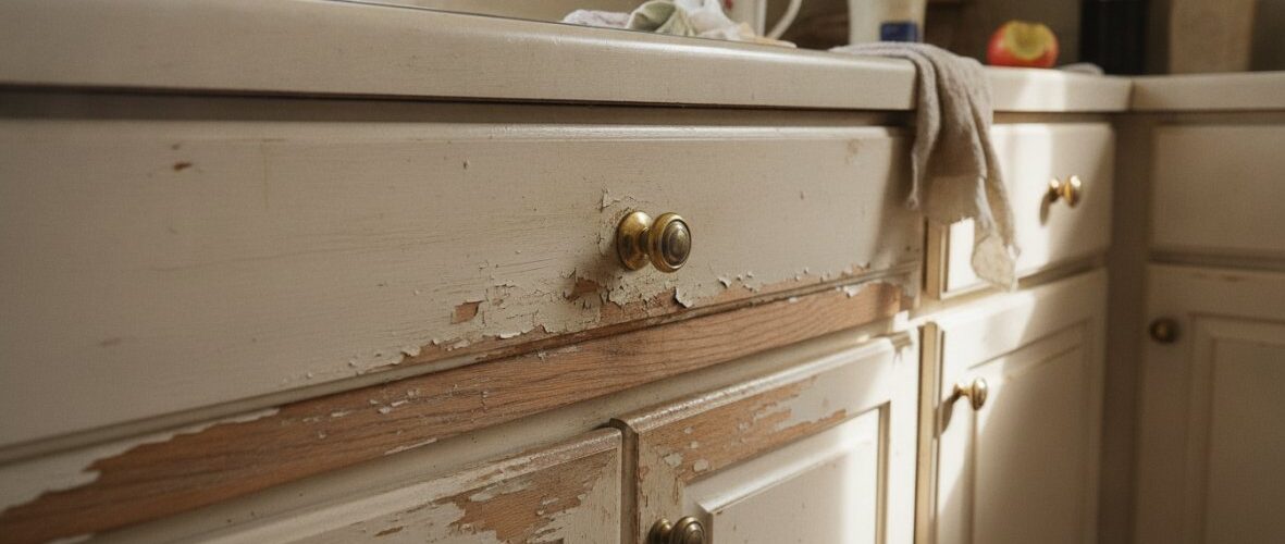 Old beige kitchen cabinets with chipped, peeling paint and brass knobs, sunlit countertops and cluttered scene across the counter.