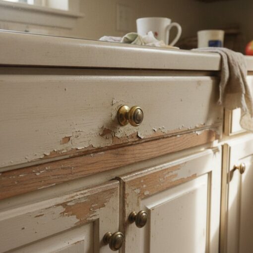 Old beige kitchen cabinets with chipped, peeling paint and brass knobs, sunlit countertops and cluttered scene across the counter.