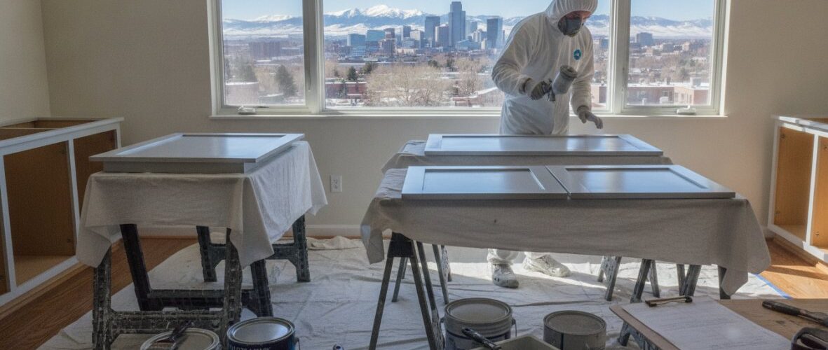 Worker in full protective suit paints cabinet doors on tables in a bright room with a city and snow-capped mountains outside the window, paint cans and tools nearby.