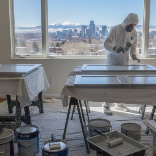 Worker in full protective suit paints cabinet doors on tables in a bright room with a city and snow-capped mountains outside the window, paint cans and tools nearby.
