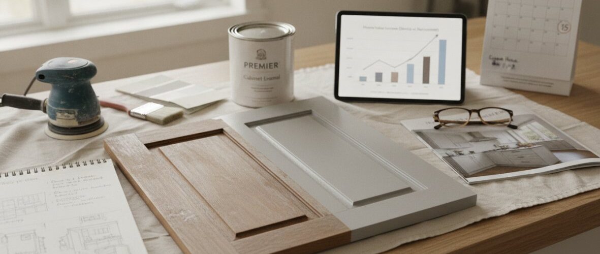 Tabletop with wooden door panel samples, a power sander, a finish can, sketches, glasses, and a tablet showing charts beside a calendar.