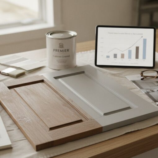 Tabletop with wooden door panel samples, a power sander, a finish can, sketches, glasses, and a tablet showing charts beside a calendar.