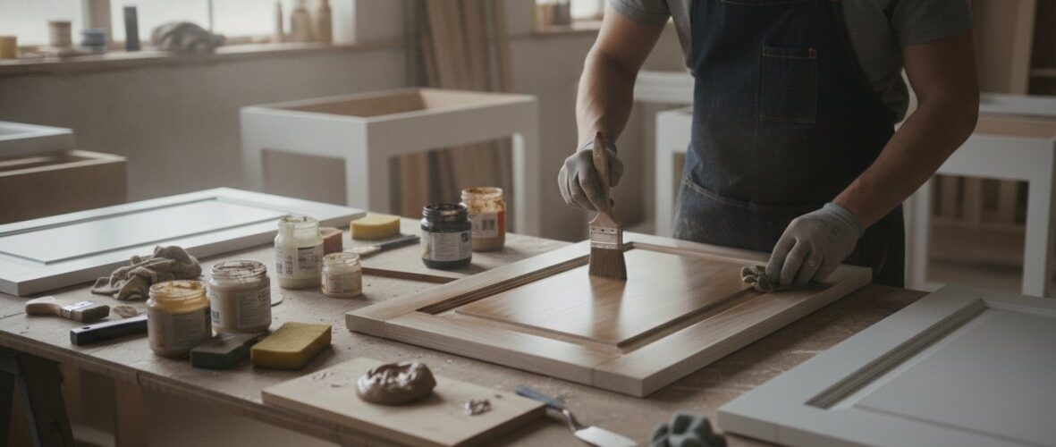 Carpenter in a denim apron brushes stain onto a wooden cabinet door in a workshop.