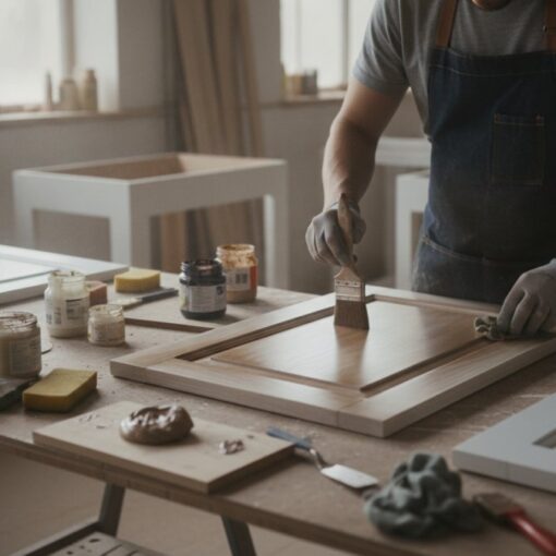 Carpenter in a denim apron brushes stain onto a wooden cabinet door in a workshop.