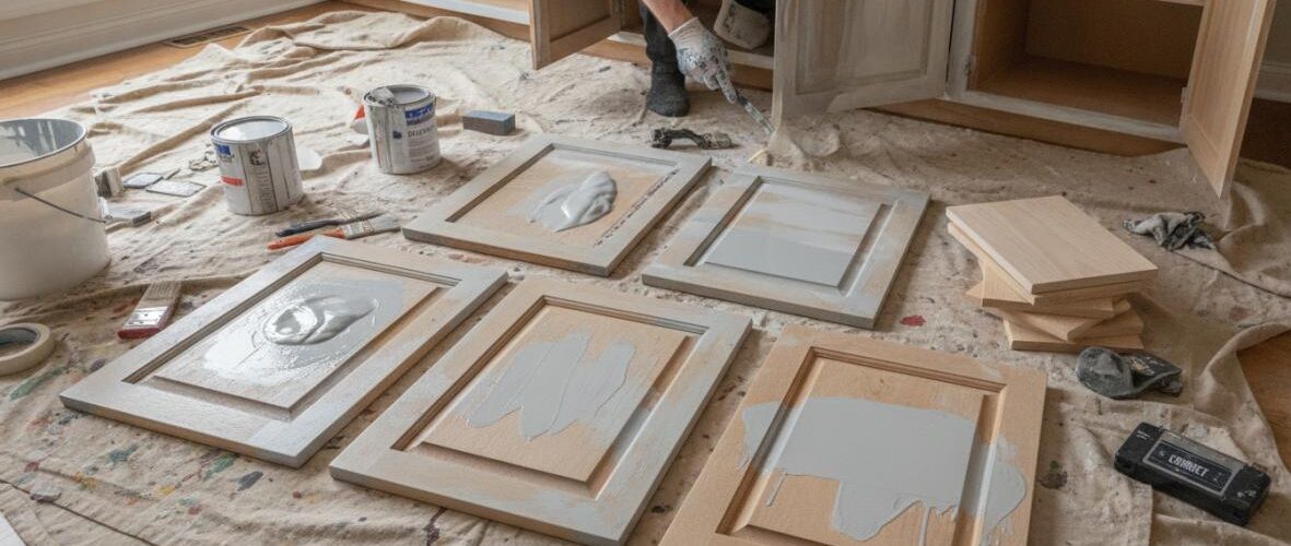 Person painting wooden cabinet doors on a floor covered with a drop cloth, with paints and tools nearby.