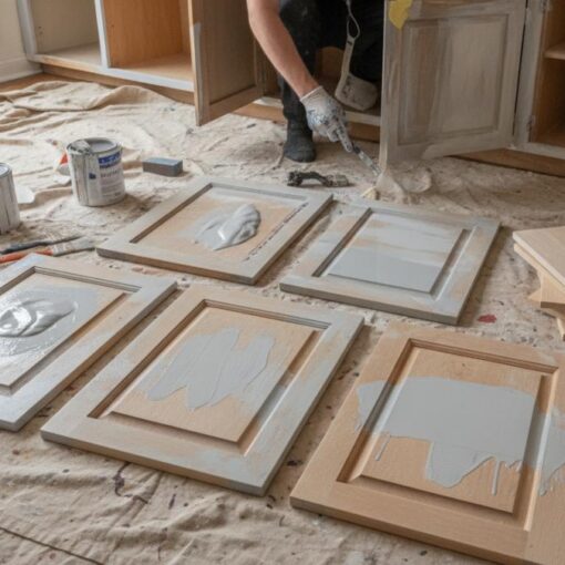 Person painting wooden cabinet doors on a floor covered with a drop cloth, with paints and tools nearby.