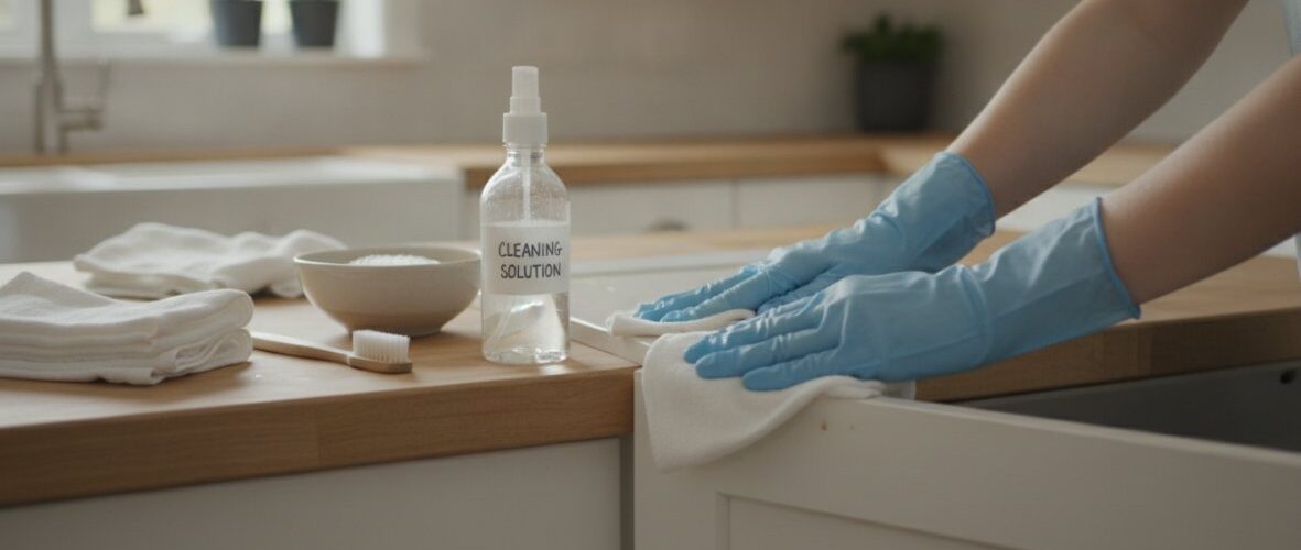 Person in blue gloves wipes a wooden kitchen counter with a white cloth; a bottle labeled 'Cleaning Solution' sits nearby on the counter