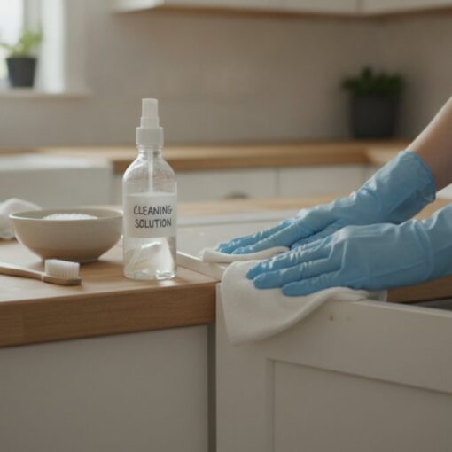 Person in blue gloves wipes a wooden kitchen counter with a white cloth; a bottle labeled 'Cleaning Solution' sits nearby on the counter