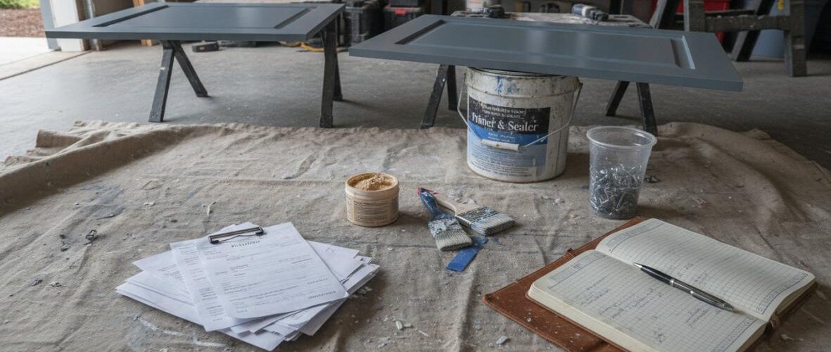 Workshop scene with two door panels laid on sawhorses, surrounded by tools, paint, and a bucket in a cluttered garage.