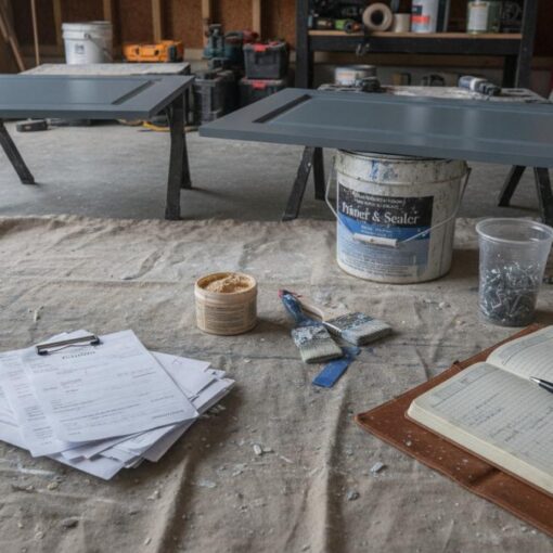 Workshop scene with two door panels laid on sawhorses, surrounded by tools, paint, and a bucket in a cluttered garage.