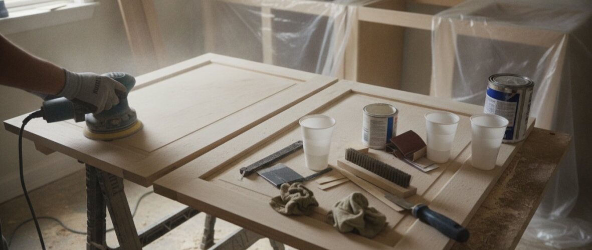 Person sands a wooden cabinet door on a workbench in a dusty workshop, with paint cans, brushes and cups nearby.