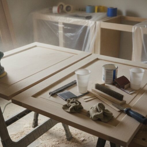 Person sands a wooden cabinet door on a workbench in a dusty workshop, with paint cans, brushes and cups nearby.