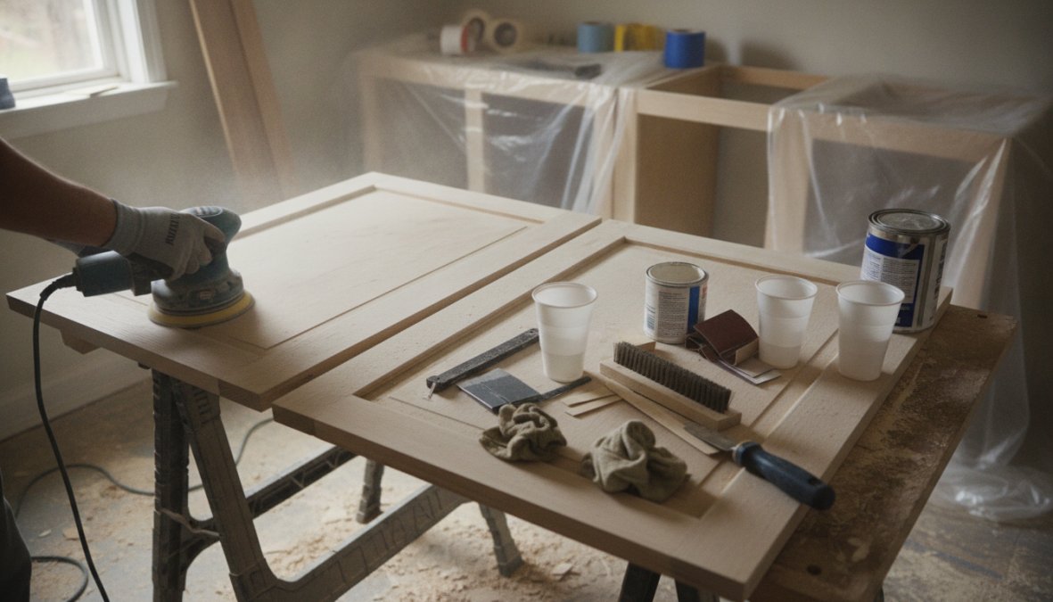 Person sands a wooden cabinet door on a workbench in a dusty workshop, with paint cans, brushes and cups nearby.