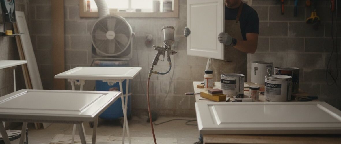Craftsman in an apron holds a white cabinet door in a workshop, with a spray gun and paint cans nearby for finishing.