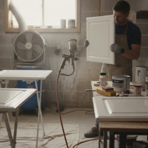 Craftsman in an apron holds a white cabinet door in a workshop, with a spray gun and paint cans nearby for finishing.
