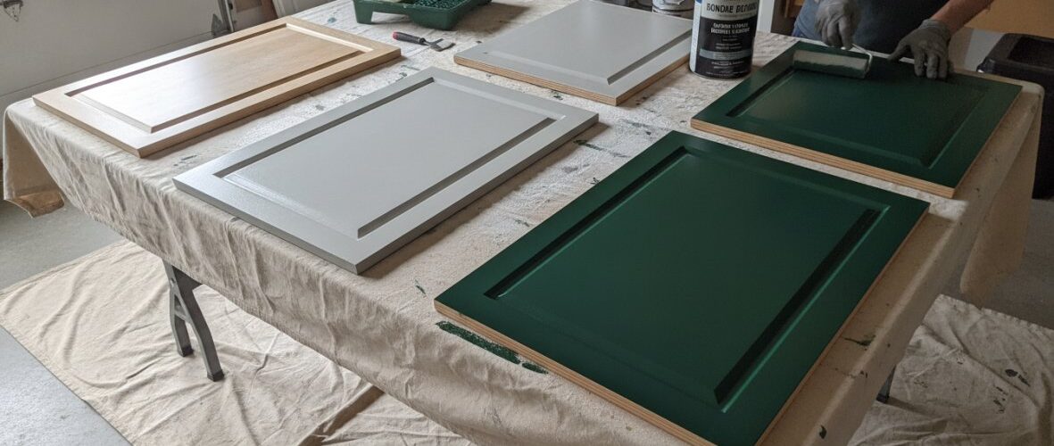 Workshop table with several cabinet doors in green and gray drying, with paint cans and tools in the background.