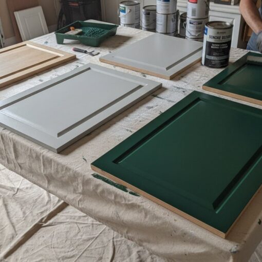 Workshop table with several cabinet doors in green and gray drying, with paint cans and tools in the background.