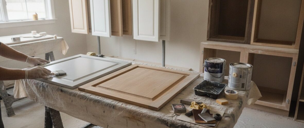 Cabinet doors being painted on a worktable in a workshop, with paint cans, brushes, and tools nearby. A person wears gloves and applies a finish to a white frame while natural light comes from a window.